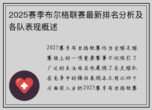 2025赛季布尔格联赛最新排名分析及各队表现概述