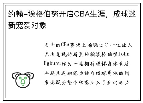 约翰-埃格伯努开启CBA生涯,成球迷新宠爱对象